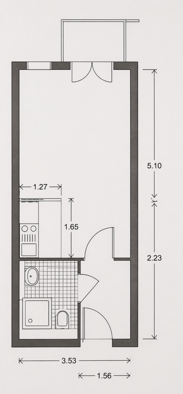 Grundriss einer Einraum Wohnung aus dem Betreuten Wohnen "Altlandsberg"